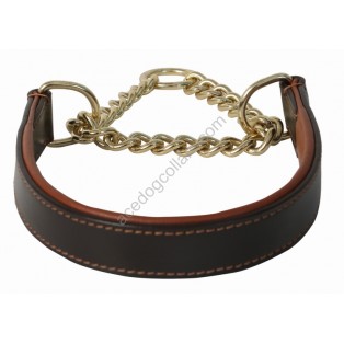 Comfy Half Check Leather Dog Collar BRASS Chain: Brown tan lining 